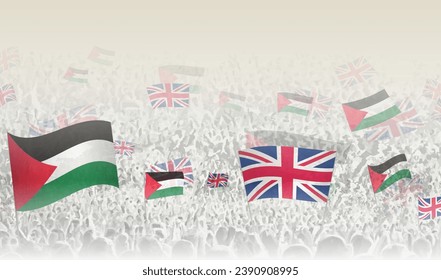 Palestine and United Kingdom flags in a crowd of cheering people. Crowd of people with flags. Vector illustration.