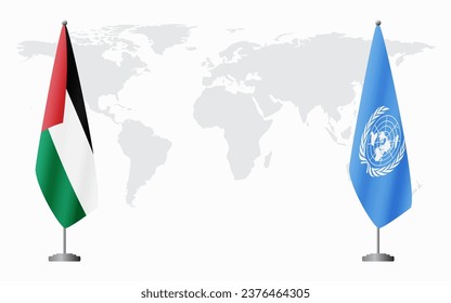 Palestine and United Nations flags for official meeting against background of world map.