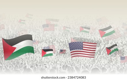 Palestine and USA flags in a crowd of cheering people. Crowd of people with flags. Vector illustration.