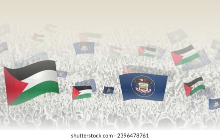 Palestine and Utah flags in a crowd of cheering people. Crowd of people with flags. Vector illustration.