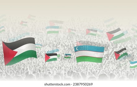Palestine and Uzbekistan flags in a crowd of cheering people. Crowd of people with flags. Vector illustration.