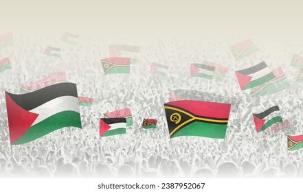 Banderas de Palestina y Vanuatu en una multitud de gente que vitorea. Multitud de personas con banderas. Ilustración vectorial.