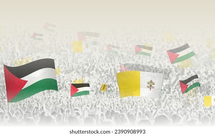 Palestine and Vatican City flags in a crowd of cheering people. Crowd of people with flags. Vector illustration.