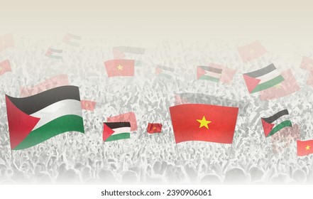 Palestine and Vietnam flags in a crowd of cheering people. Crowd of people with flags. Vector illustration.