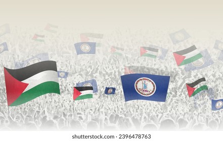 Palestine and Virginia flags in a crowd of cheering people. Crowd of people with flags. Vector illustration.