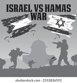 Modelo de ilustração do vetor de guerra Palestina vs Israel. Cena da guerra entre Israel e Hamas. Modelo de ilustração da guerra Israel vs Palestina. ícone da arte em preto e branco e do equipamento do exército