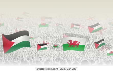 Palestine and Wales flags in a crowd of cheering people. Crowd of people with flags. Vector illustration.