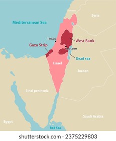 Palestine war (Israel, Palestine and Gaza Strip) and surrounding countries map illustration