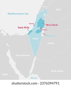 Palestine war (Israel, Palestine and Gaza Strip) and surrounding countries map illustration