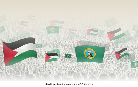 Banderas de Palestina y Washington en una multitud de gente que vitorea. Multitud de personas con banderas. Ilustración vectorial.