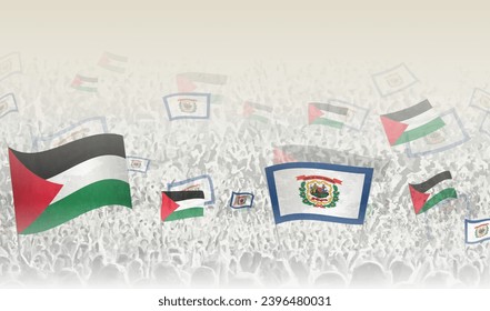 Palestine and West Virginia flags in a crowd of cheering people. Crowd of people with flags. Vector illustration.