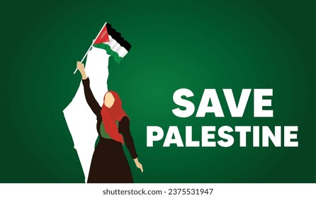 Palestine woman holding flag save Palestine vector poster