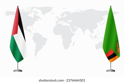 Palestine and Zambia flags for official meeting against background of world map.