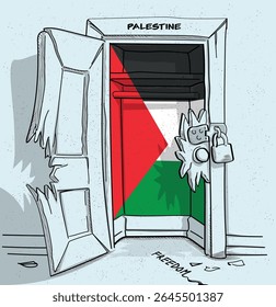 O caminho da liberdade na Palestina. Ilustração política de uma porta quebrada, mas trancada, com a bandeira nacional. Uma metáfora para luta e esperança.