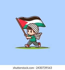 Palestinian boy running waving Palestine flag wearing Keffiyeh scarf mascot cute vector isolated illustration