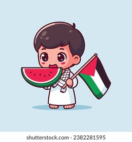 Palestinian child eating watermelon and holding a Palestine flag wearing a Keffiyeh scarf boy vector illustration concept