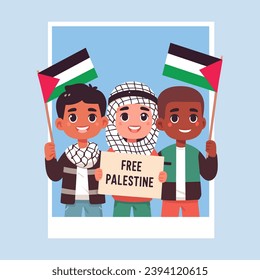 Palestinian children wearing Keffiyeh scarves holding poster that say Free Palestine and the Palestinian flag