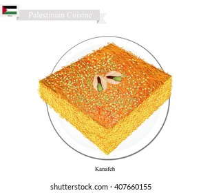 Palestinian Cuisine, Kunafa or Traditional Levantine Cheese Pastry Topping with Pistachio Powder and Syrup. One of The Most Popular Dessert in Palestine.