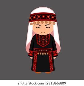 Palestinian female cartoon character in traditional ethnic dress. Woman in Palestine national costume. Isolated flat vector illustration.