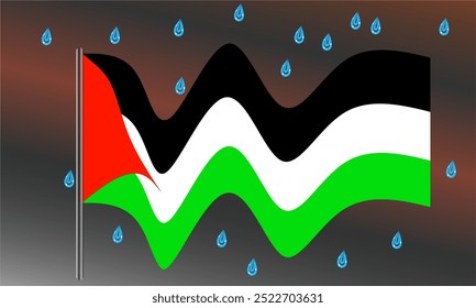 Palestinian flag fluttering in the rain against a red and black sky background