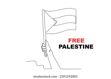 A Palestinian flag is held high. Palestine solidarity one-line drawing