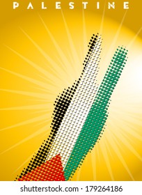 Palestinian flag and poster with victory sign
