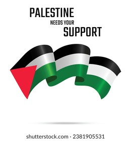 Die palästinensische Flagge mit dem Slogan von Palästina braucht Ihre Unterstützung. Waving Flag of Palestine tri gefaltet. Vektorgrafik mit glänzendem Licht in der Flagge.