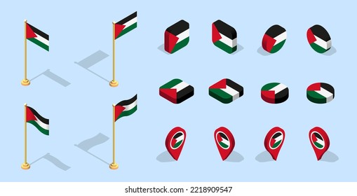 Bandera palestina (Estado de Palestina). Icono de conjunto de indicadores isométricos 3D. Vector editable para banner, afiche, presentación, infografía, sitio web, aplicaciones, mapas y otros usos.