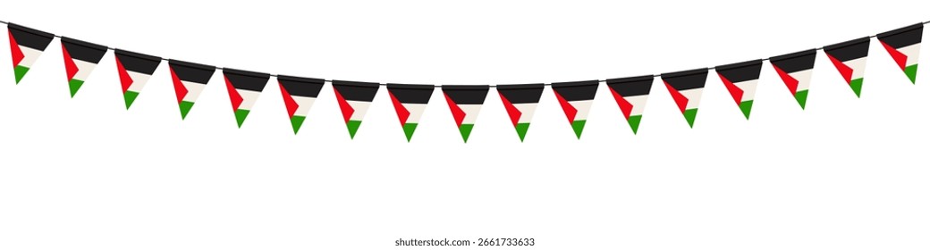 Dreieck mit palästinensischer Flagge, das an einer Schnur brennt. Vektor festliche Girlande für kulturelle Veranstaltungen, Nationalfeiertag, Nahost-Feier, Kulturerbe Dekor oder traditionelle Festivals.