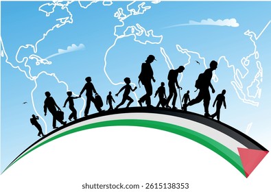 Palestinian immigrants with the background the map of the planet earth
