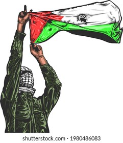 Palestinian man holding up the palestinian flag freedom palestine