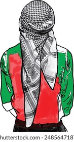 Palestinian man with Kufiyah in Palestine flag colors, free Palestine, Support Palestine 