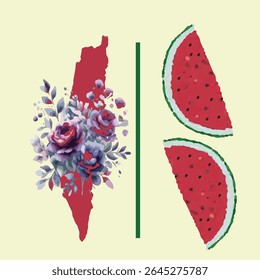 Palestinian Map filled with Flowers and with iconic symbol the watermelon vector eps file