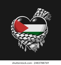 The Palestinian national flag is shaped like a heart and a keffiyeh. Vector illustration.