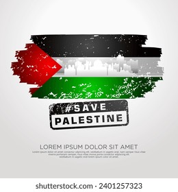 Palestinian sympathy campaign greeting card with grunge and splash effect on flag as a symbol of sympathy and silhouette city. vector illustration