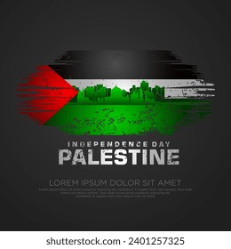 Palestinian sympathy campaign greeting card with grunge and splash effect on flag as a symbol of sympathy and silhouette city. vector illustration