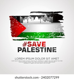 Palestinian sympathy campaign greeting card with grunge and splash effect on flag as a symbol of sympathy and silhouette city. vector illustration