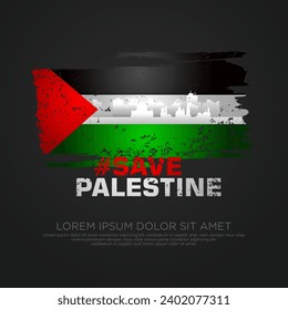 Palestinian sympathy campaign greeting card with grunge and splash effect on flag as a symbol of sympathy and silhouette city. vector illustration