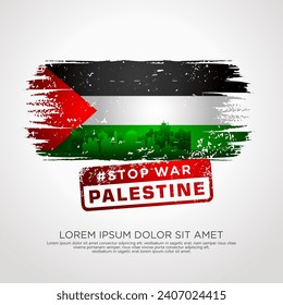 Palestinian sympathy campaign greeting card with grunge and splash effect on flag as a symbol of sympathy and silhouette city. vector illustration