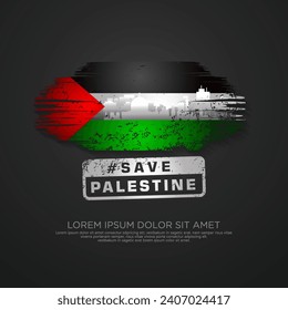 Palestinian sympathy campaign greeting card with grunge and splash effect on flag as a symbol of sympathy and silhouette city. vector illustration