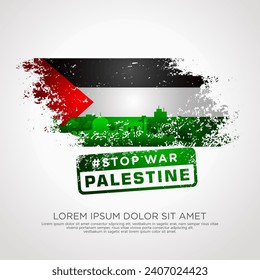 Palestinian sympathy campaign greeting card with grunge and splash effect on flag as a symbol of sympathy and silhouette city. vector illustration
