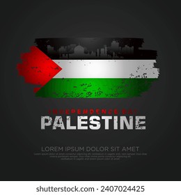 Palestinian sympathy campaign greeting card with grunge and splash effect on flag as a symbol of sympathy and silhouette city. vector illustration