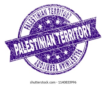 PALESTINIAN TERRITORY stamp seal imprint with distress texture. Designed with ribbon and circles. Violet vector rubber print of PALESTINIAN TERRITORY text with grunge texture.