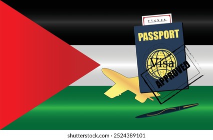 Palestinian Travel Documentation Concept with blue Passport and Palestine Flag. Approved Stamp. Airplane and Travel Tickets. Ideal for Immigration Tourism and Traveling Themes. Vector EPS available