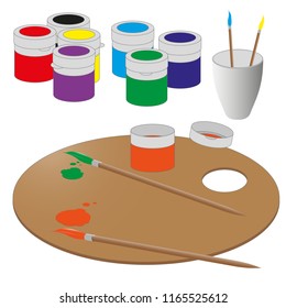 Palette art, brushes and paint artist