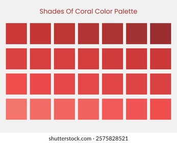 Palette art of coral color. Coral tones and shades. 28 shades of coral color isolated on grey background. Vector illustration.	