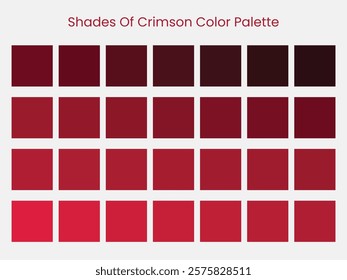 Palette art of crimson color. Crimson tones and shades. 28 shades of crimson color isolated on grey background. Vector illustration.	