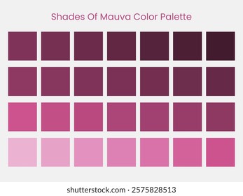 Palette art of mauve color. Mauve tones and shades. 28 shades of mauve color isolated on grey background. Vector illustration.	