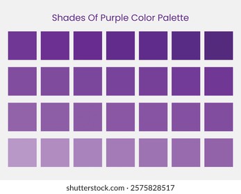 Palette art of purple color. Purple tones and shades. 28 shades of purple color isolated on grey background. Vector illustration.	