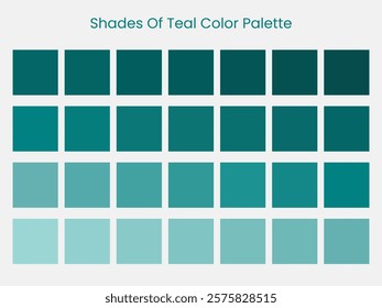 Palette art of teal color. Teal tones and shades. 28 shades of teal color isolated on grey background. Vector illustration.	